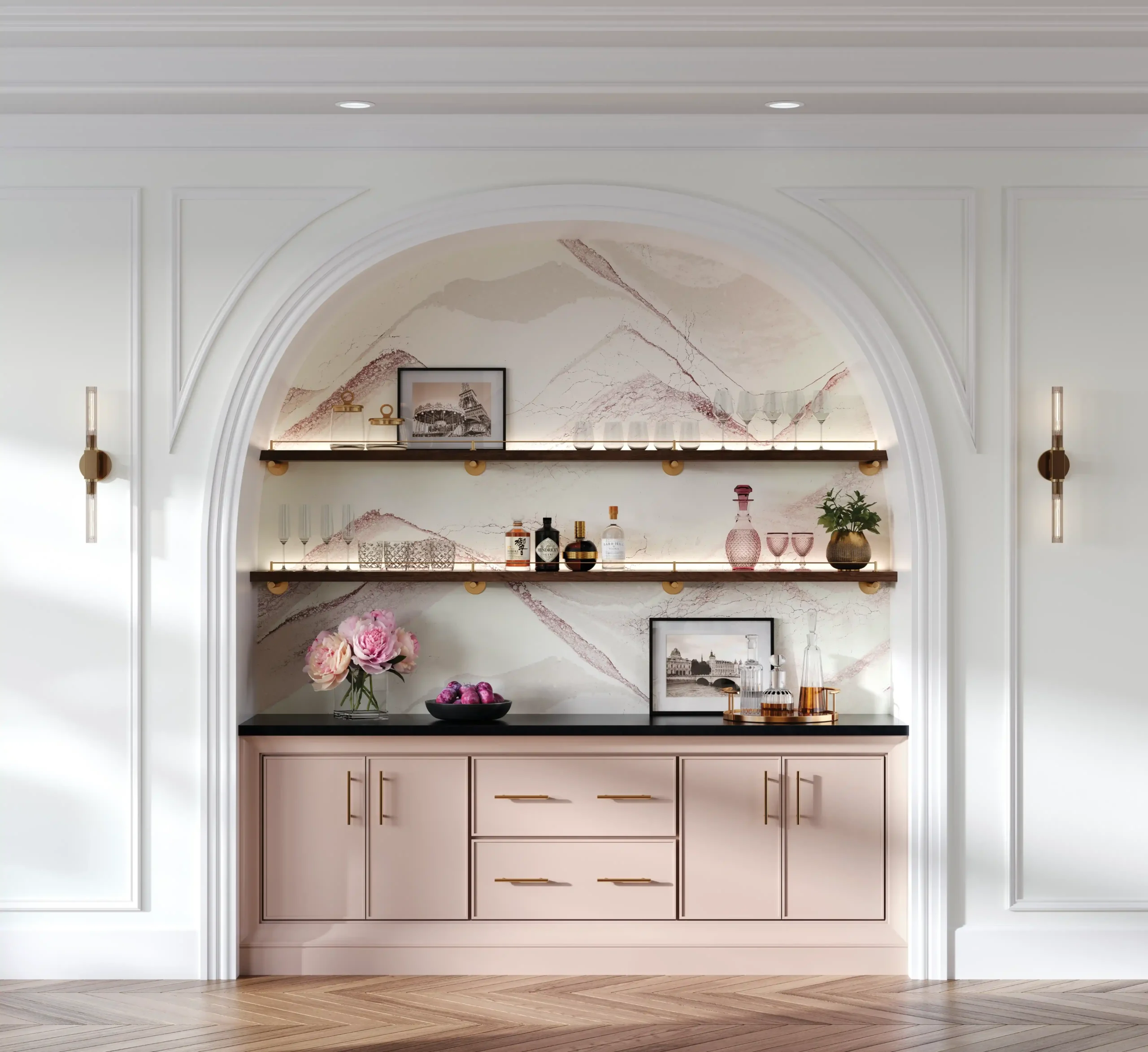 (Gold) Finch in Claret and Petal on maple, and Hearth on cherry